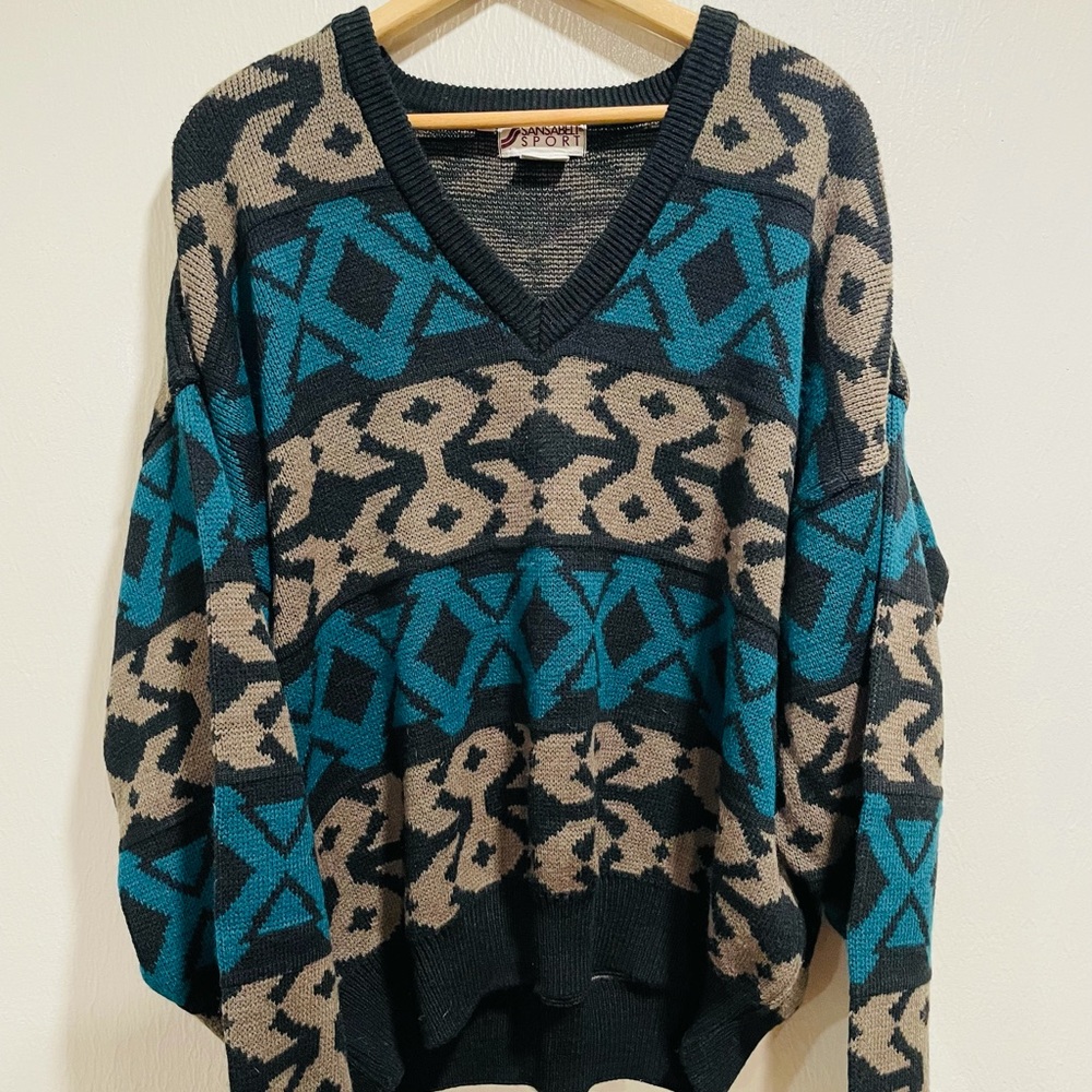 Vintage 80s Teal Black Tan Geometric Print Sweater